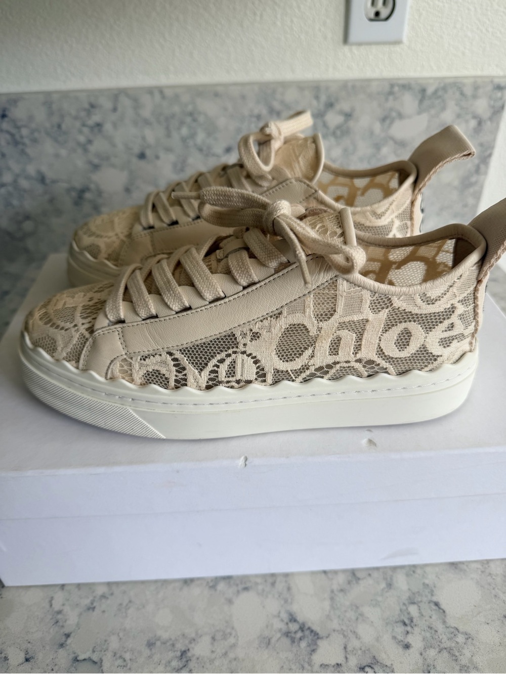 Chloé Beige Lace Panel Platform Sneakers